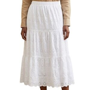 Susan Graver PURE Cotton Eyelet Tiered Midi Skirt White XS Scalloped Hem QVC